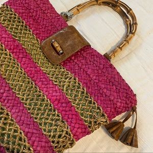 CARIBBEAN JOE Magenta Raffia Bamboo Handle Tote Bag